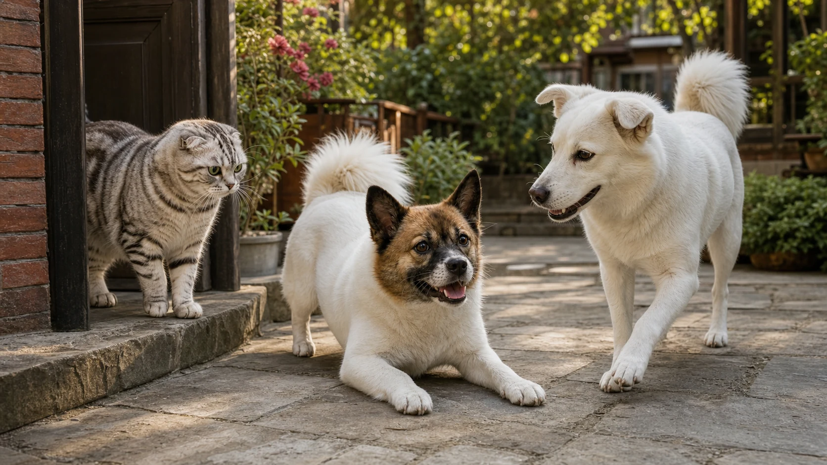 Mugua, Tuhao and Katy together in a garden courtyard