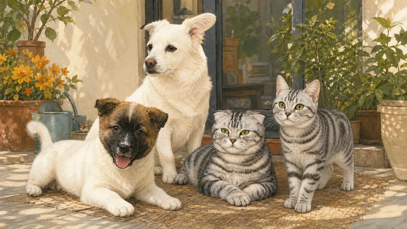 An illustrated portrait of Tuhao, Katy, Mugua and Niunai together in the sunlight